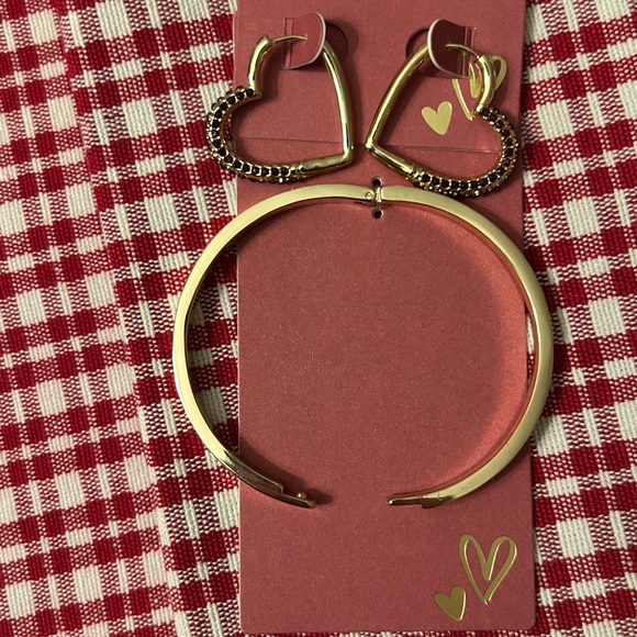Beeline Jewelry - Gold Heart Hoop Rhinestone Earrings and Heart Stamp Bracelet Gold Tone NEW